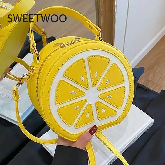 Novelty Lemon/orange Slice Crossbody Bag, Cute Fruit Shaped Pu Leather Purse with Top Handle