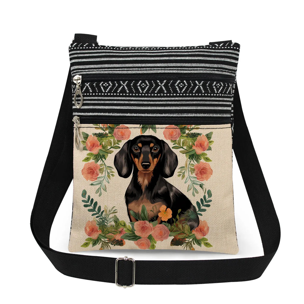 Cute Dachshund Print Crossbody Bag Female Floral Animal Shoulder Bags Fashion Outdoor Portable Double Zipper Lady Messenger Bag