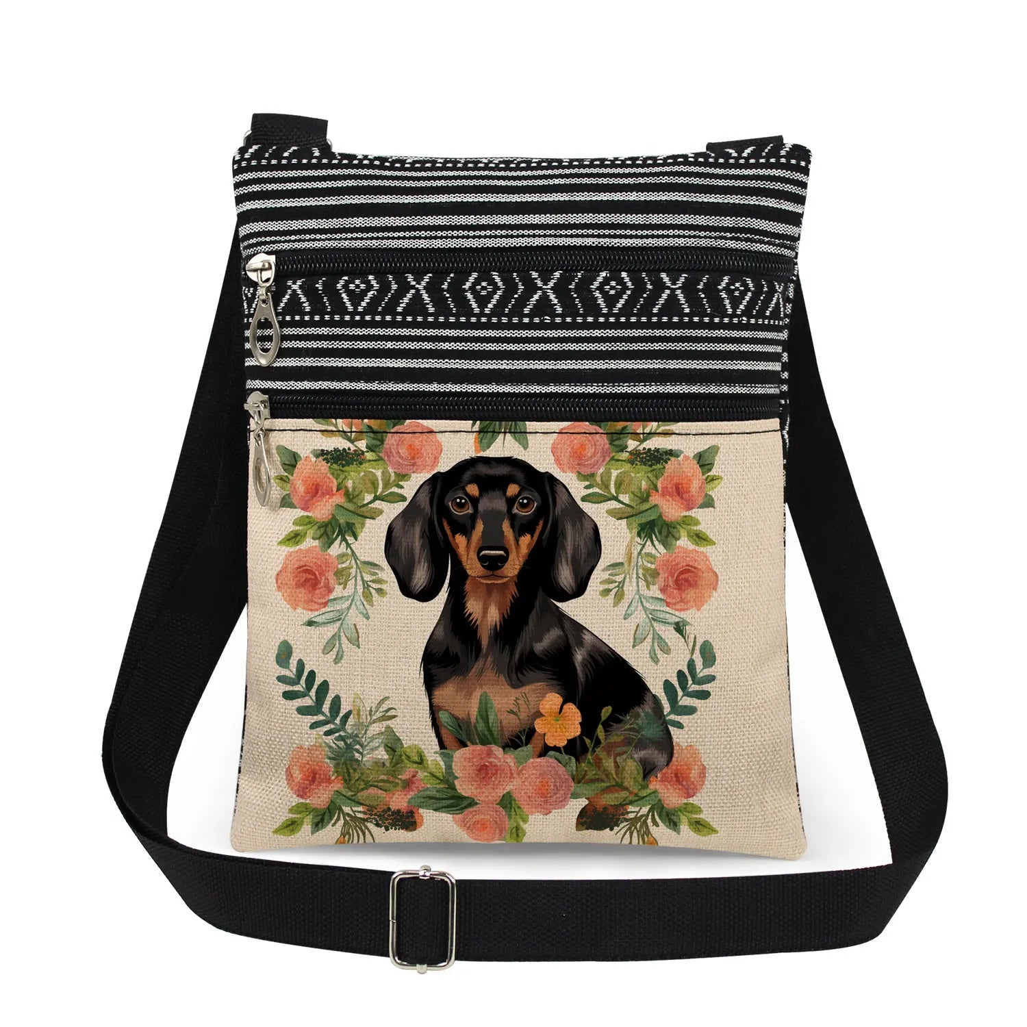 Cute Dachshund Print Crossbody Bag Female Floral Animal Shoulder Bags Fashion Outdoor Portable Double Zipper Lady Messenger Bag