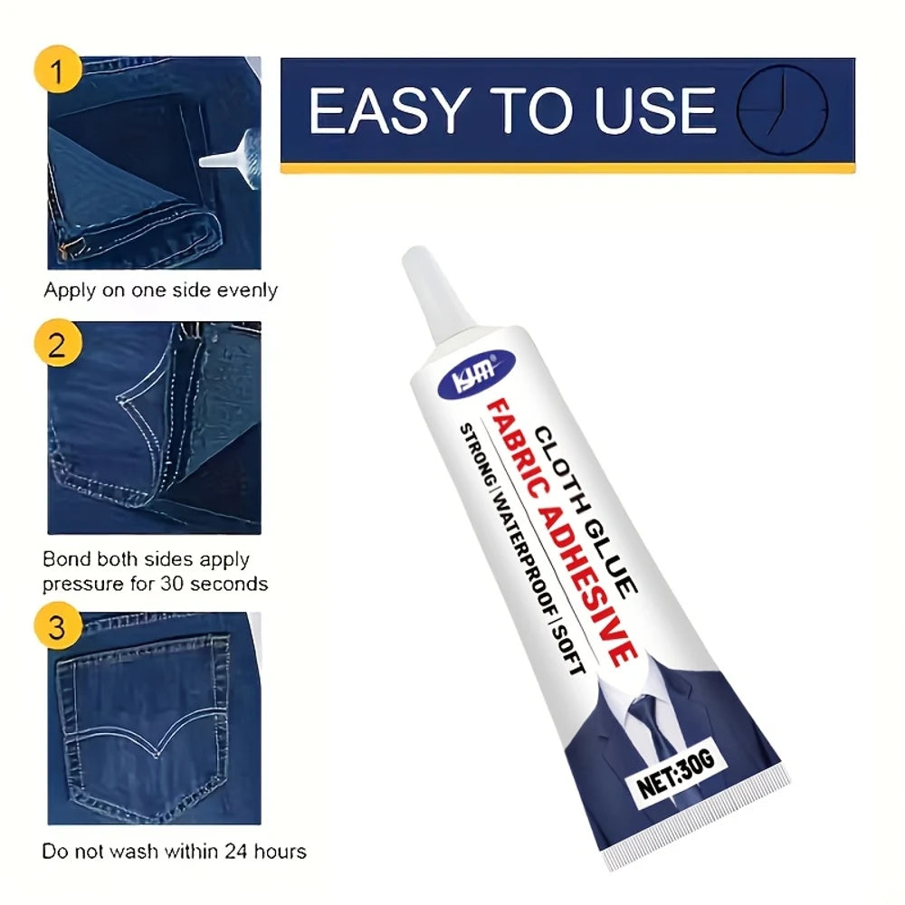 1 Washable Transparent Fabric Glue | Clear No-Trace Repair for Denim, Clothing, Leather & Crafts - KJM Brand, Gel , Multipurpose