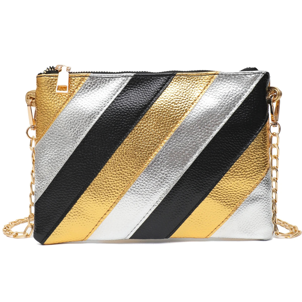Luxury Funky Metallic Color Stripes PU Leather Handbag Women's Square Clutch Metal Chain Cross body Purse Fashion Y2K Party Prom