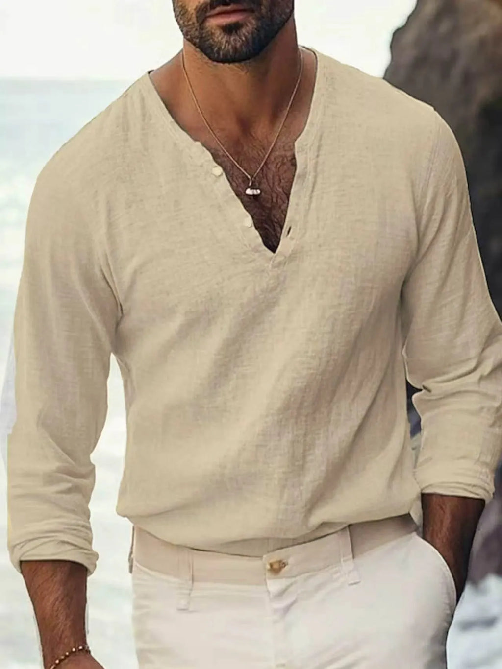 Men Textured Henley V Neck Linen Blend Long Sleeve Casual Shirts