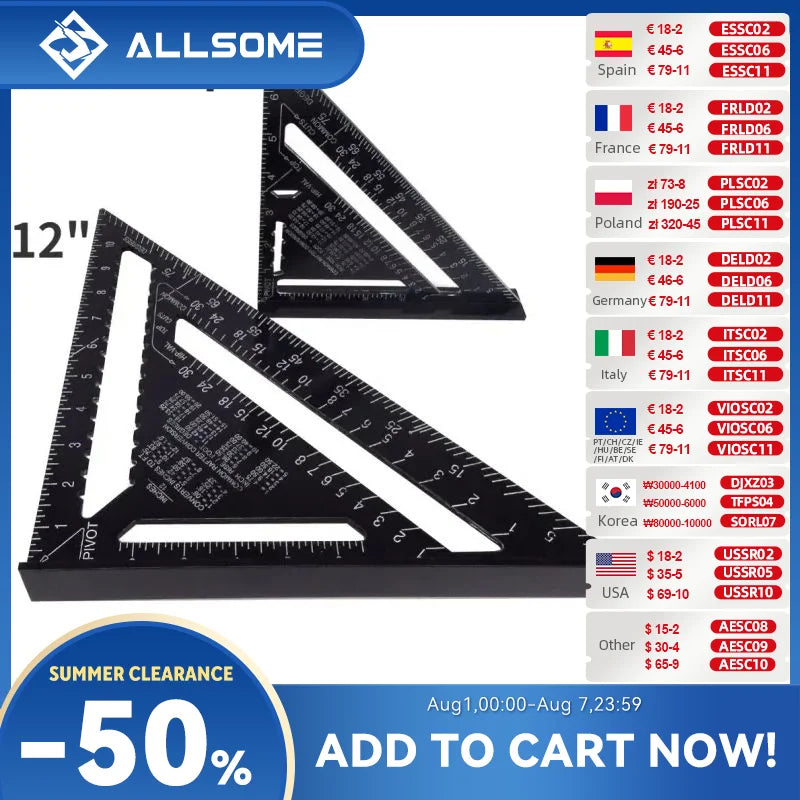 7'' /12" Aluminum Alloy Triangle Ruler Gauges Speed Protractor Miter Carpenter Line Scriber Saw Guide Percision Measurement Tool