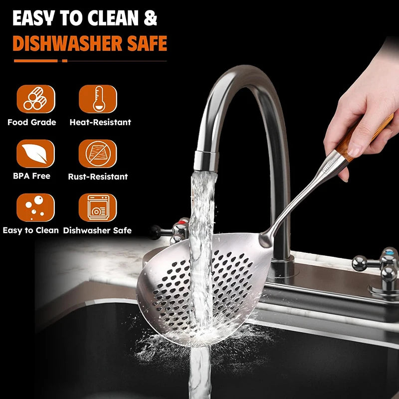 40.5cm Slotted Spoon, Large Skimmer with 0.3" Holes & Hang Hole, Stainless Steel and Wood for Kitchen, 1PC Cooking Utensil
