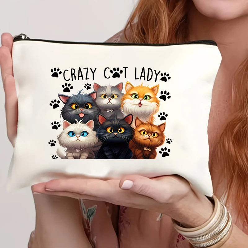 Multi Style Cat Printed Canvas Bag With Zipper Hand-Held Coin Purse Cosmetics Storage Fade-Resistant Cosmetic Bag Gift Friends