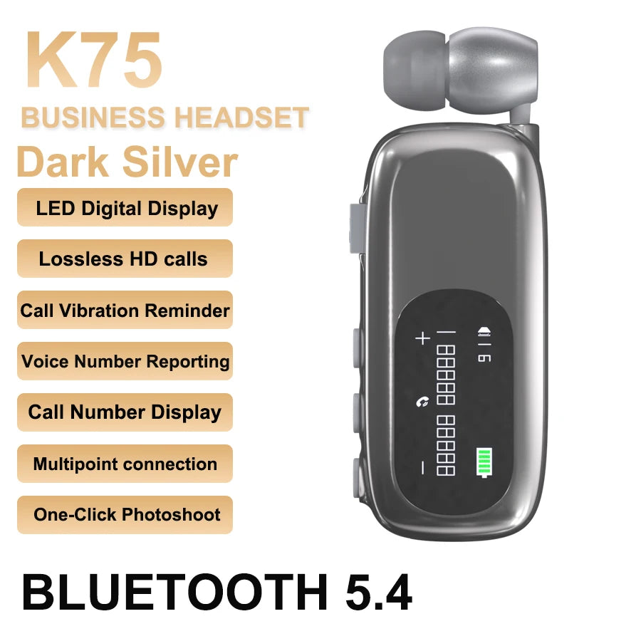 K75 Lavalier Business Headset Bluetooth 5.4 Bass Earphone HD Call Vibration Reminder+Voice Number Reporting Wireless Headphone