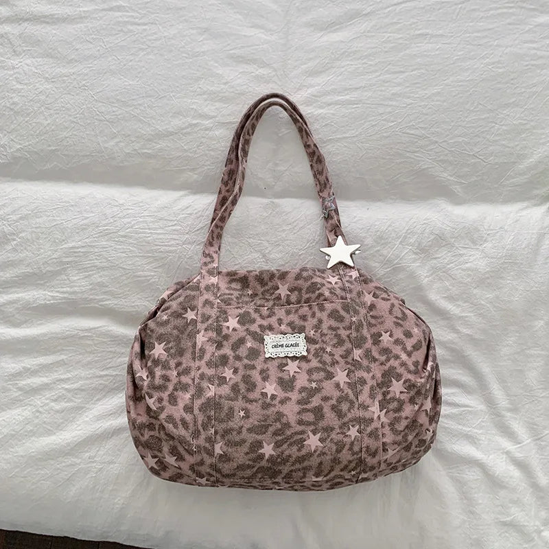 New Fashion Fold Shoulder Bag Women Korean Style Large Capacity Canvas Leopard Print Tote Bag Stylish Relaxed Commuting Bag