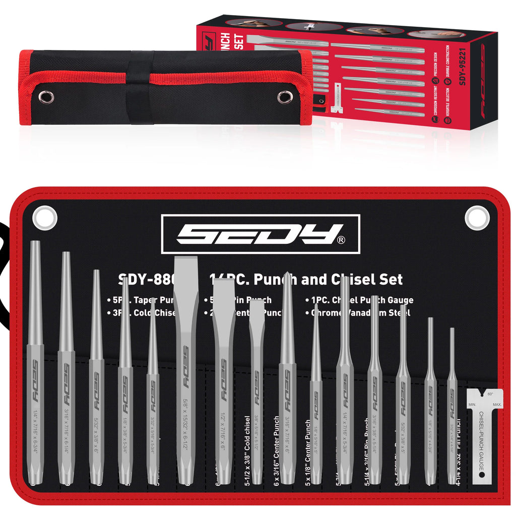 SEDY 16Pcs Precision Punch & Chisel Set - Taper Punch, Pin Punch, Center Punch, Cold Chisels & Gauge for Versatile Applications
