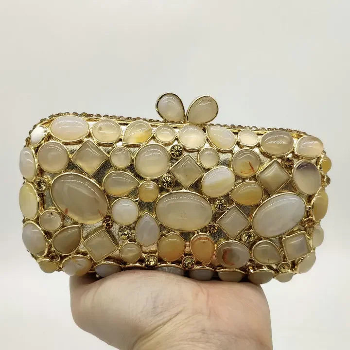 Boutique De FGG Turquoise Synthetic Agate Stone Evening Bags and Clutches for Women Formal Party Bags Party Rhinestone Handbags