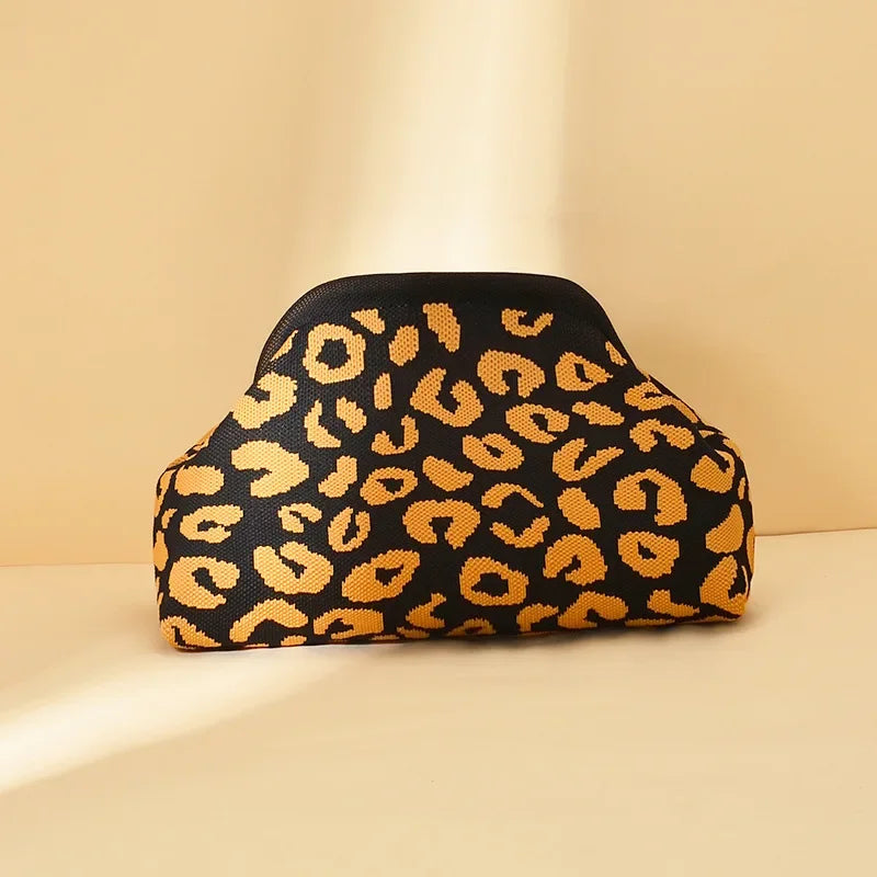 Leopard Print Knitted Clutch Bag Large Capacity Foldable Cloud Ruched Block Grid Clip Bag for Women Beach Crossbody Handbag