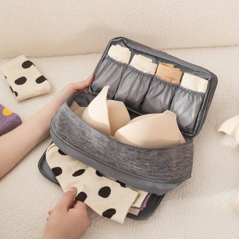 Women's Portable Multi-Layer Travel Lingerie Storage Bag Underwear Organizer Waterproof Divided Pouch for Socks & Bras Trip Case