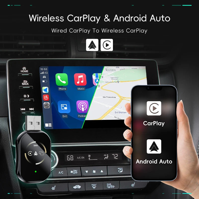 Latest upgraded 3-in-1 wireless Carplay/Android Auto/Mirror Link adapter Iphone , zero latency, car audio upgrade, minimalist design, phone screen mirroring, supports multi app screen mirroring, suitable for most models, supp