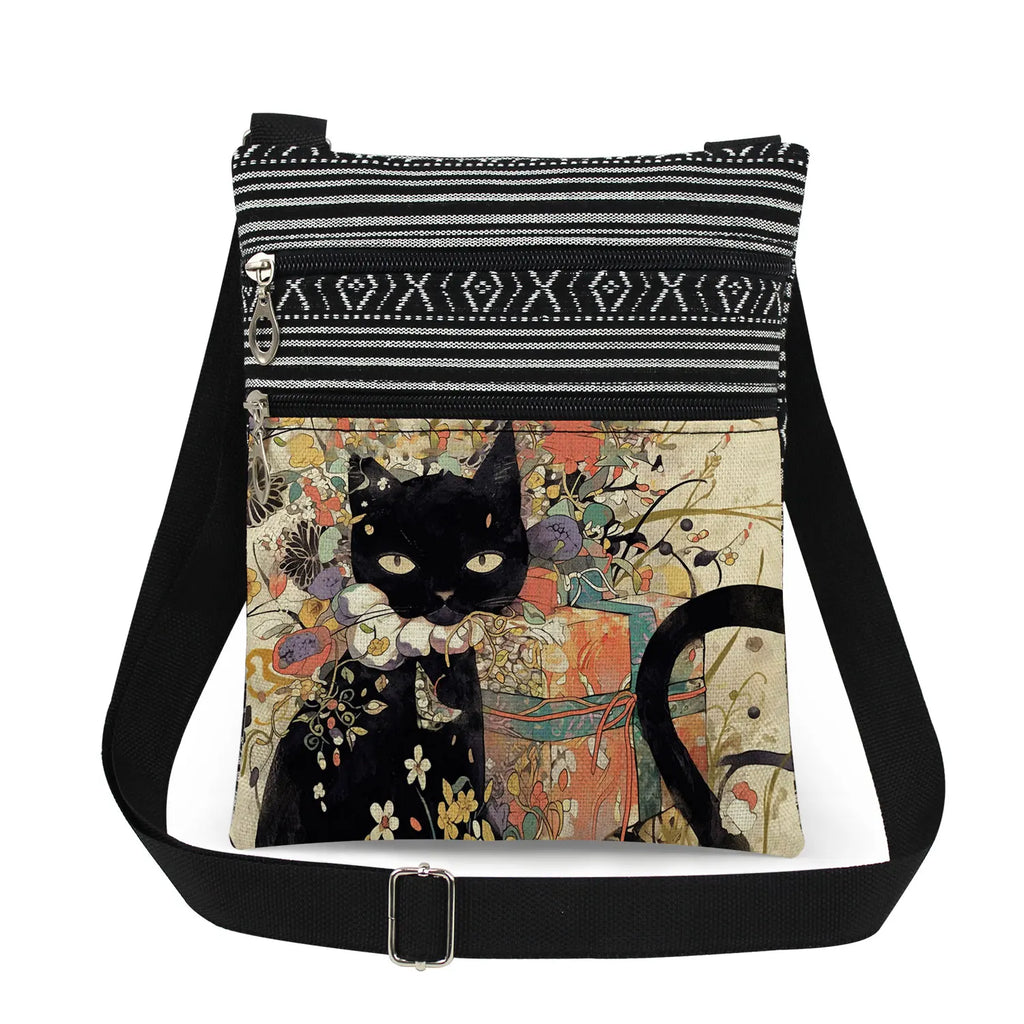 Cute Cartoon Black Cat Print Crossbody Bags Shoulder Bags For Women Daily Travel Portable Small Messenger Bags Catkeeper Gift