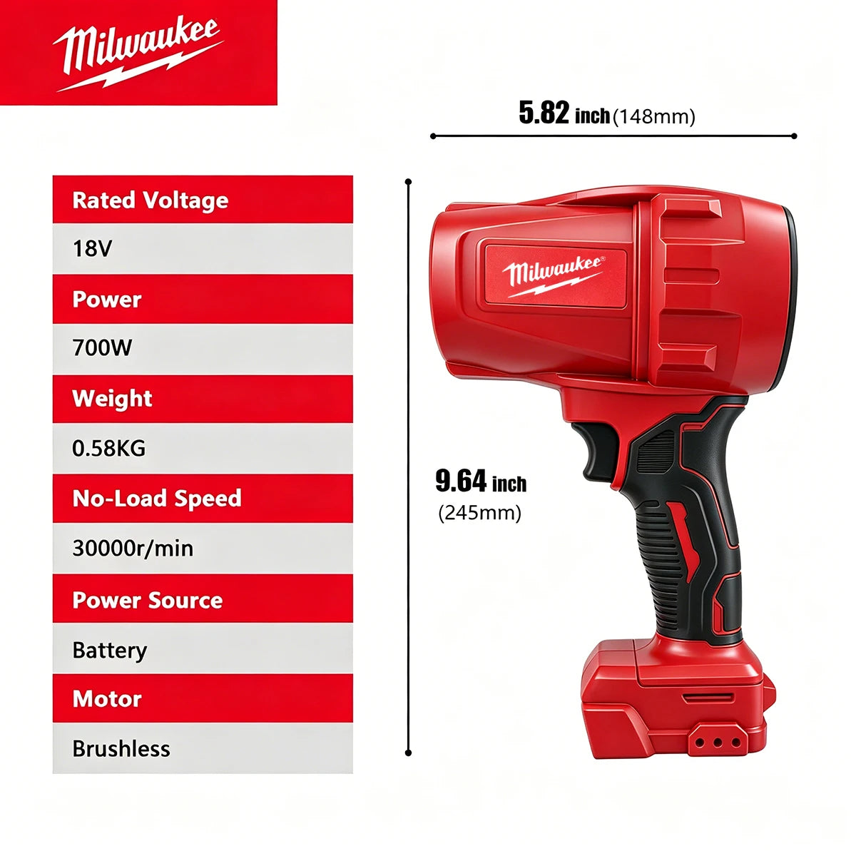 Milwaukee Cordless Blower 700W 30000RPM Brushless Motor Leaf Blower for Snow Removal Dust Cleaning Variable Speed Tool Only