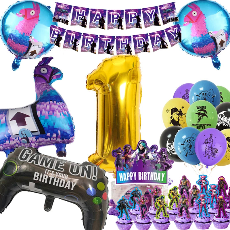 New Shooting Games Party Supplies Fortniton Birthday Decoration Balloons Noise Makers Disposable Tableware Tablecloth Cups Gifts