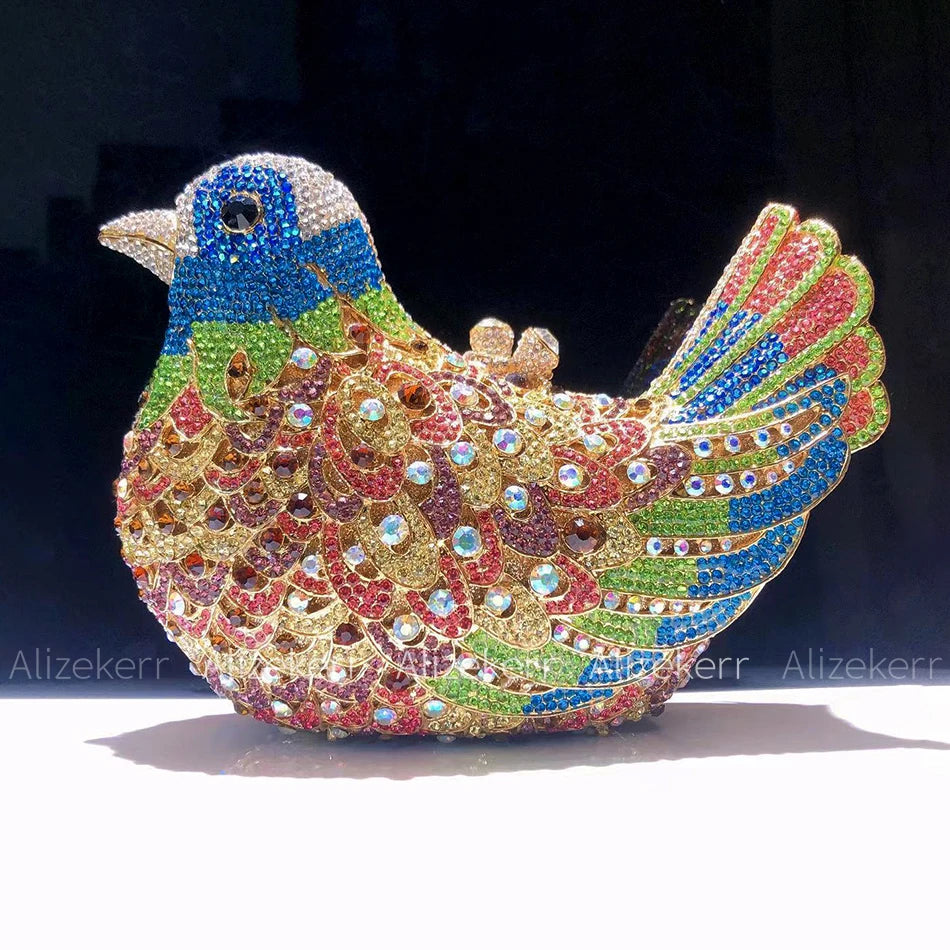 Alizekerr Pigeon Shaped Crystal Evening Bags Women Gorgeous Rhinestone Metallic Bird Clutch Purses Ladies Unique Handbags Party