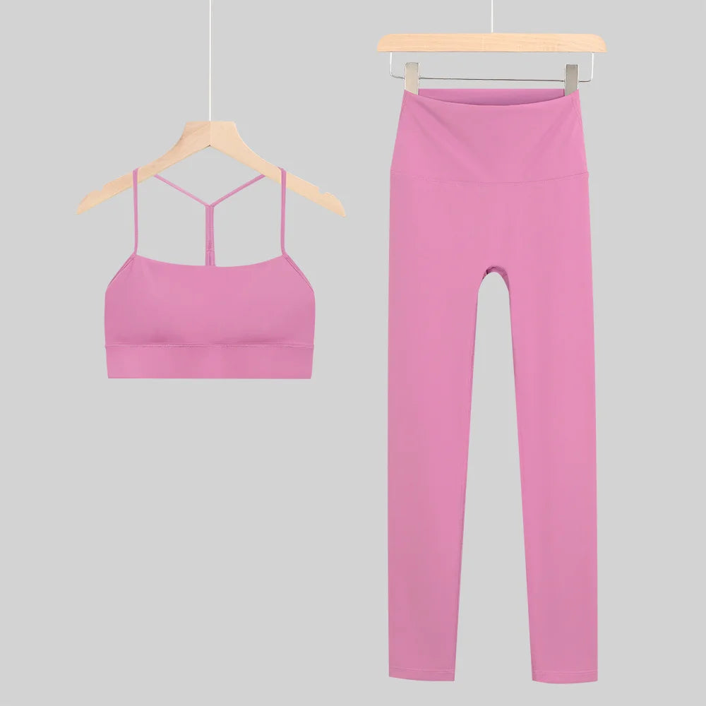 New Yoga Women Vest Gym Top Y-shape Bra Set Comfortable Running Fitness Cropped Pants Sportswear