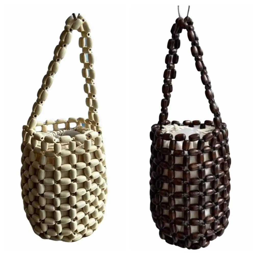 Vintage Handmade Beaded Woven Bag Solid Color Boho Hollow Bucket Bag Wrist Bag With Inner Pocket Openwork Bag Girls