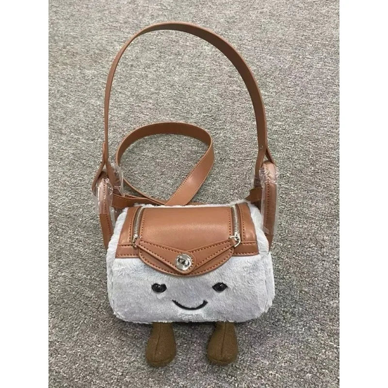 New Autumn/Winter 2025 Cute Cartoon Plush Spliced Pu Leather Pillow Bag Sweet Girl's Versatile Crossbody Bag for Commuting