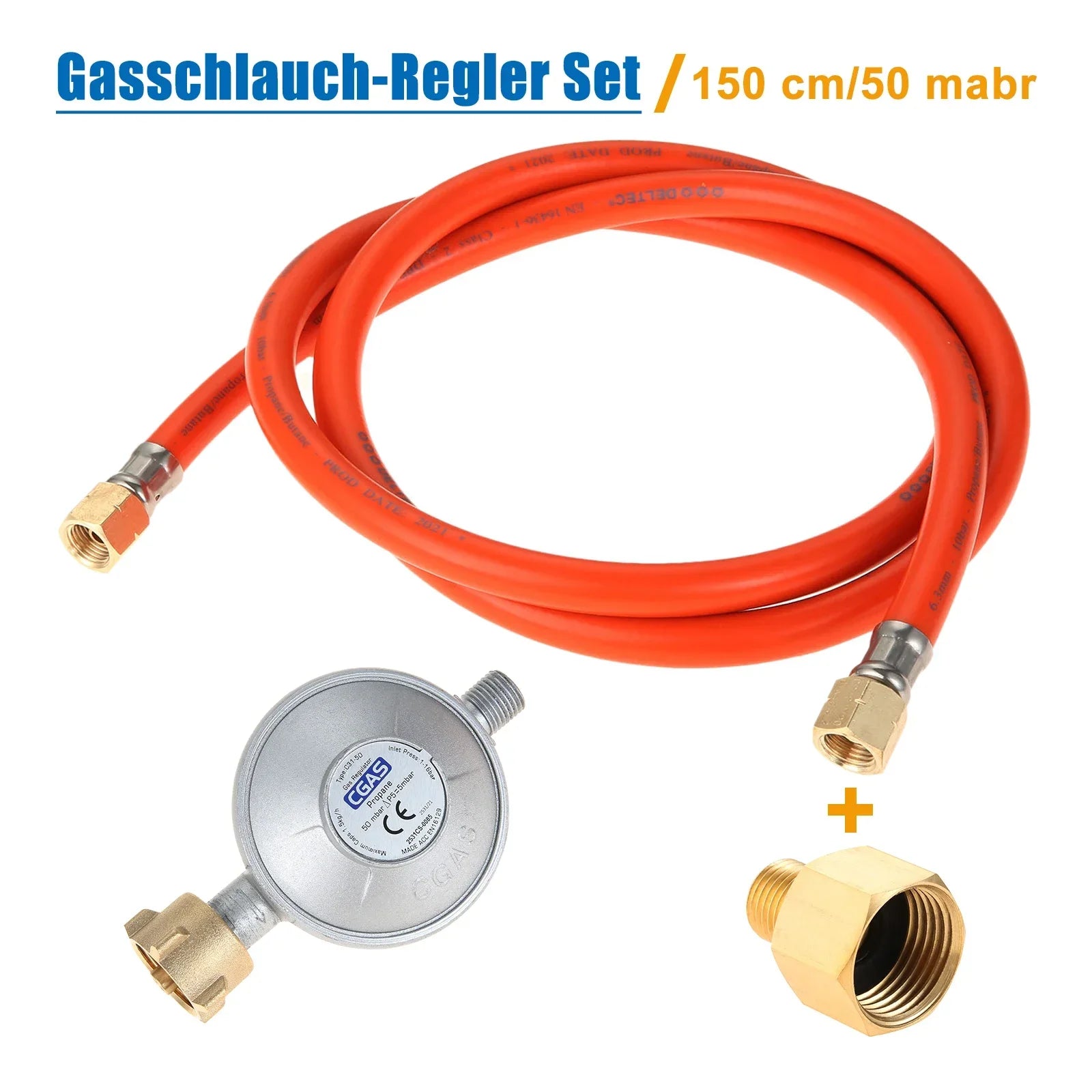 Gas Hose 150cm Pressure Reducer 50mbar Regulator Set with Transition 1/2" R X 1/4" Lks Adapter for LPG BBQ Gas Grill Gas Cooker