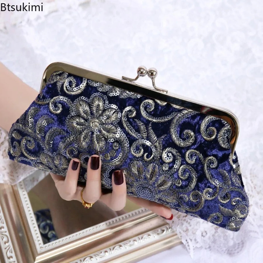New Women's Velvet Cheongsam Bag Bridal Vintage Dinner Handbags Prom Cocktail Party Evening Bags Embroidered Chain Clutch Purses