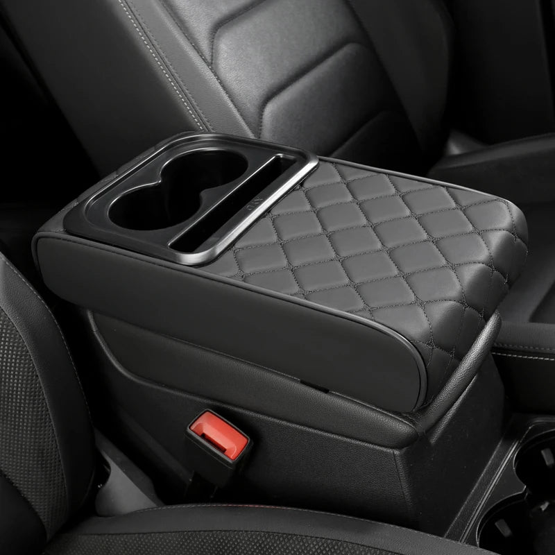PU Leather Car Center Console Storage Height Pad with Cup Holder, Phone Card Slot, Dual Pockets or No Pocket Storage