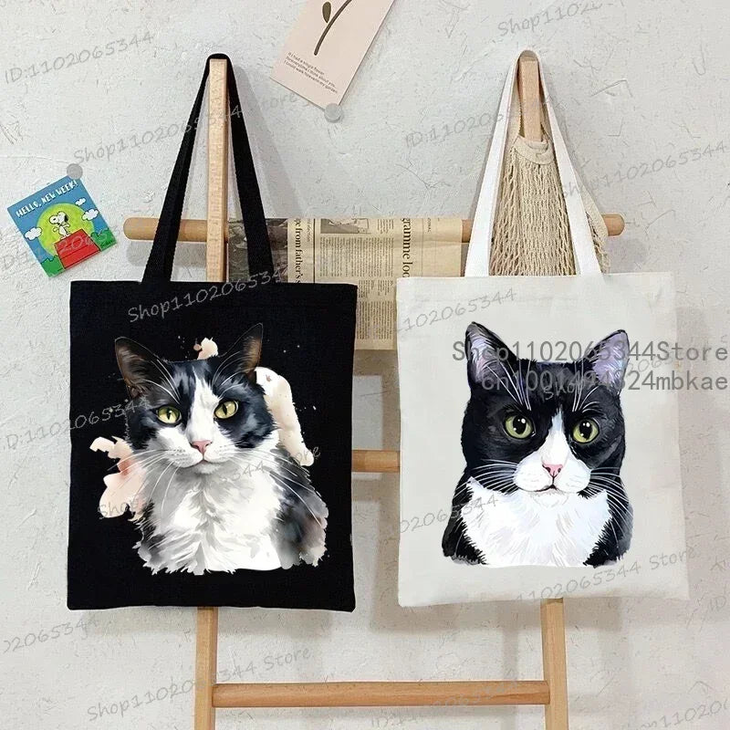 Funny Cow Cat Handbag Women Cartoon Aesthetics Kitten Design Shopping Bags Teen Cat Lover Reusable Tote Bag Female Shoulder Bag