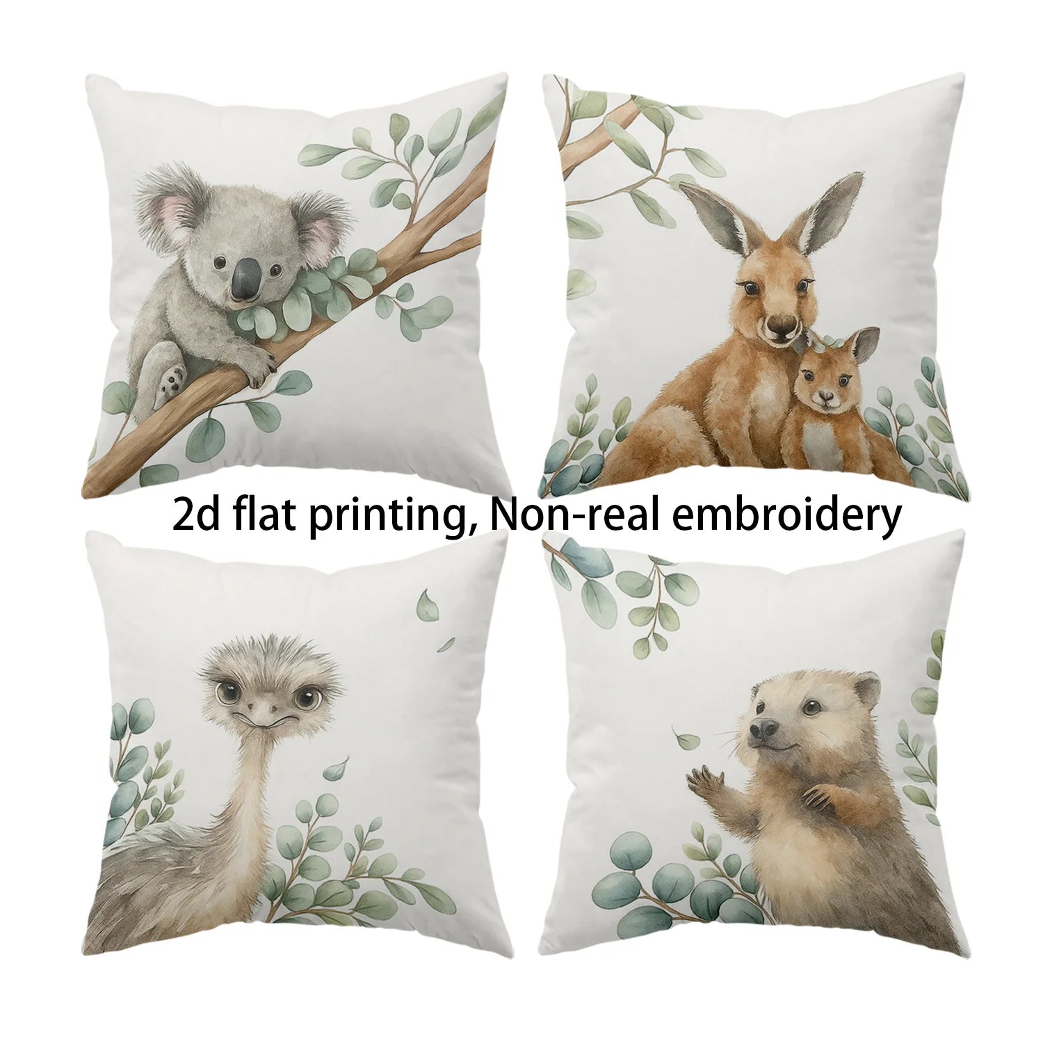 4pcs Australian Style Natural Eco-Friendly Pillowcase Set, Featuring Koalas, Kangaroos, Emus, and Wombats.