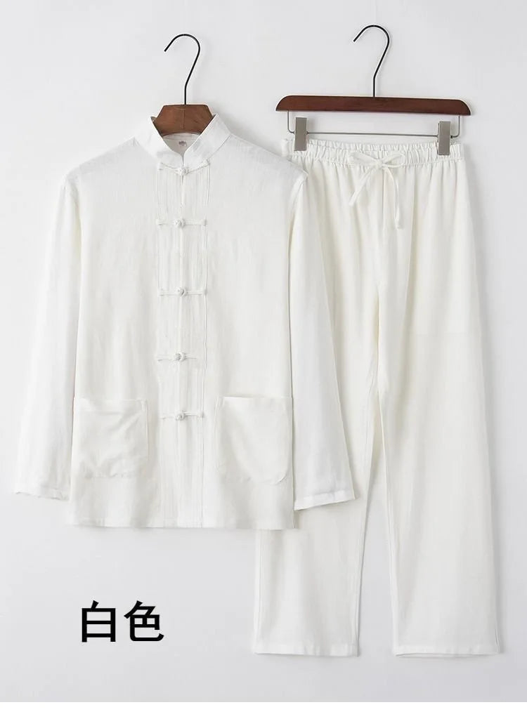 2026 New Men's Cotton Linen Tangzhuang Set Traditional Chinese Long Sleeve Suit Retro Ethnic Loose Tai Chi Clothing