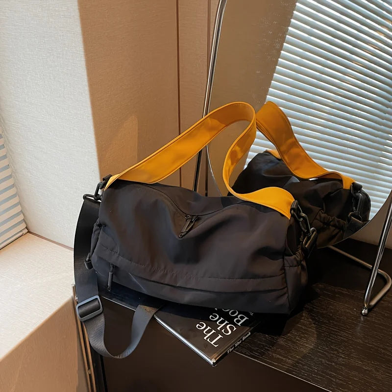 1pcs Beige Color Block Fabric Crossbody Bag Adjustable Wide Strap Light  Resistant Sports Bag Short Trip Storage Handbag