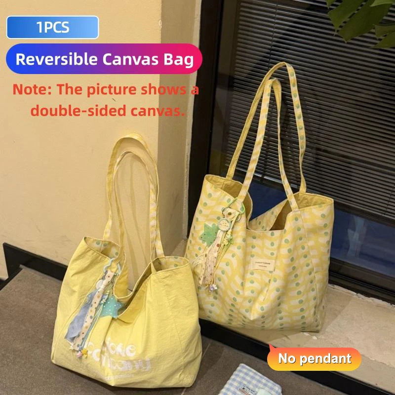 1PCS Korean Style Reversible Canvas Tote Bag Large Capacity Casual Shoulder Bags For Women Student Work Gift Shopping Bags