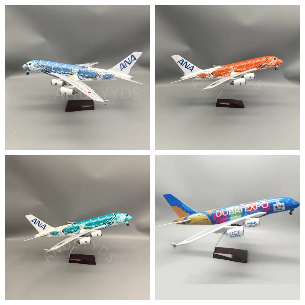 47cm A380 Sea Turtle Airlines Series Aircraft 1/160 Scale Resin 380 UAE painted Airplane Model Plane With LED & Wheel Ornament