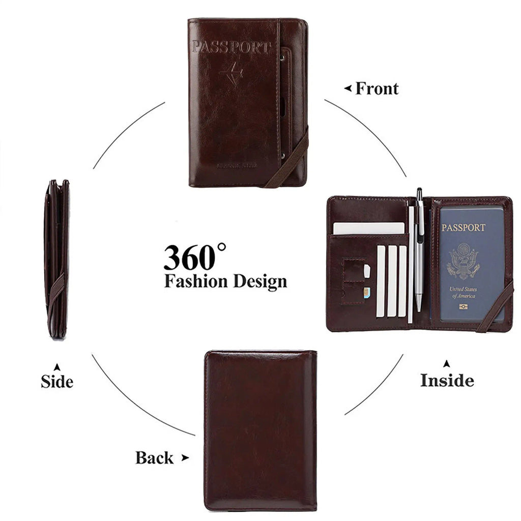 Men Women Leather Passport Holder Cover RFID Blocking Travel Wallet Passport Case with Pen Holder Dual SIM Card Slots