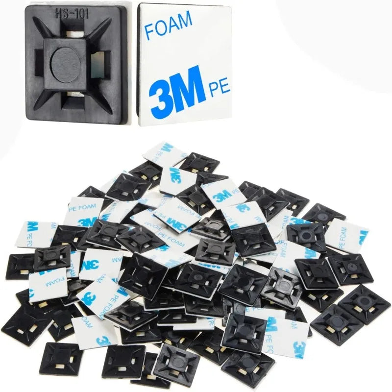 100pcs Self Adhesive Cable Zip Tie Mounts - Black/White Wire Clips & Holders for Cable Management, Adhesive Anchors for Desk