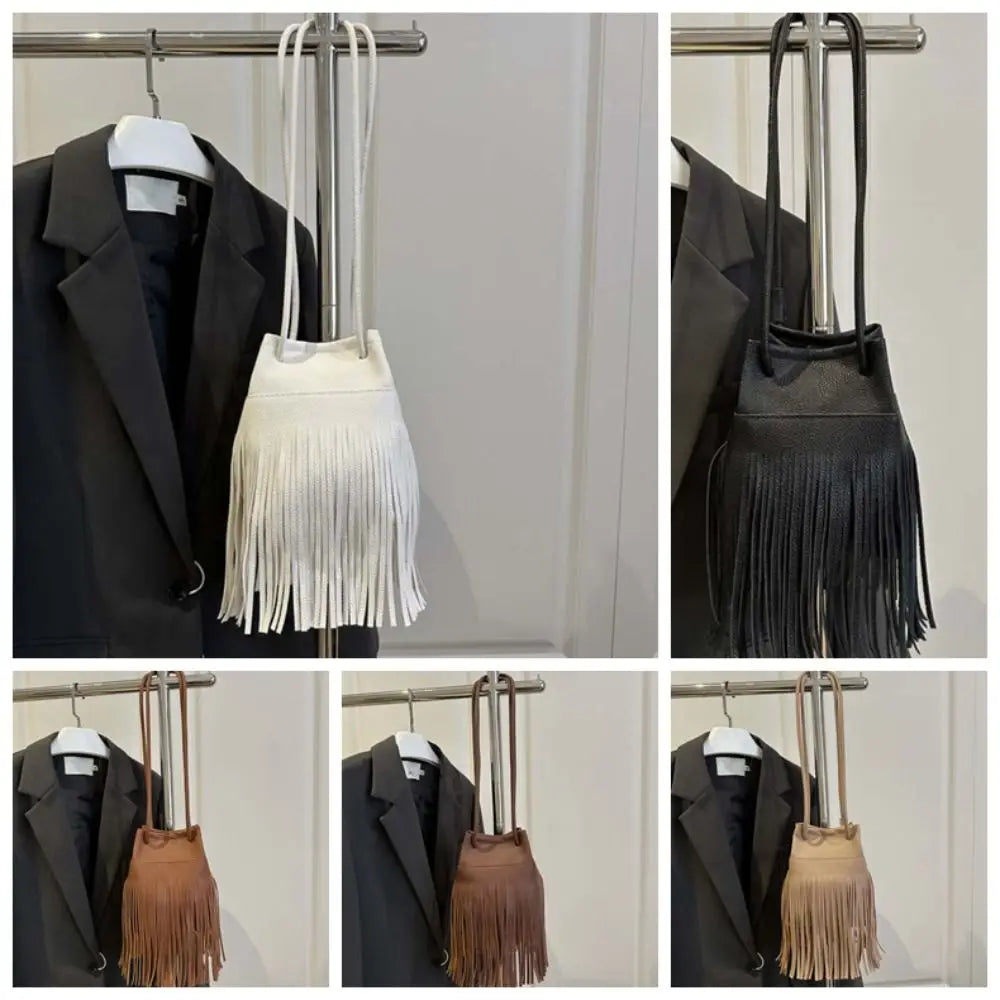 Elegant Tassels Bucket Bag Large Capacity Retro Drawstring PU Bag Khaki Magnetic Button Texture Shoulder Pouch Vacation