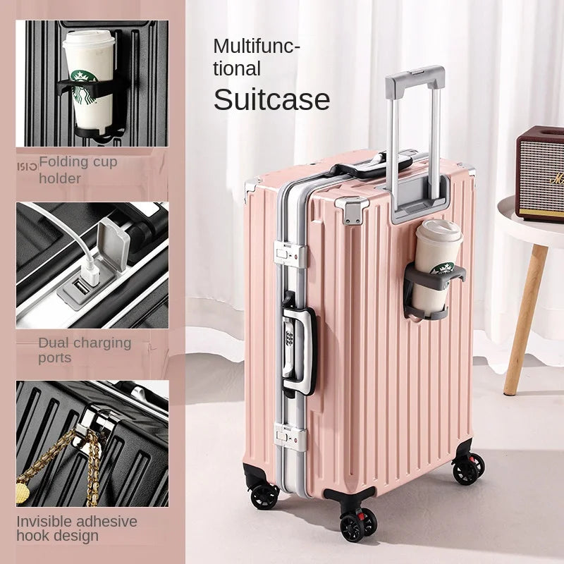 Trolley Luggage 20 26 30" Aluminium-framed Suitcase with Silent Wheels Unisex High-capacity Rolling Luggage Password Suitcase