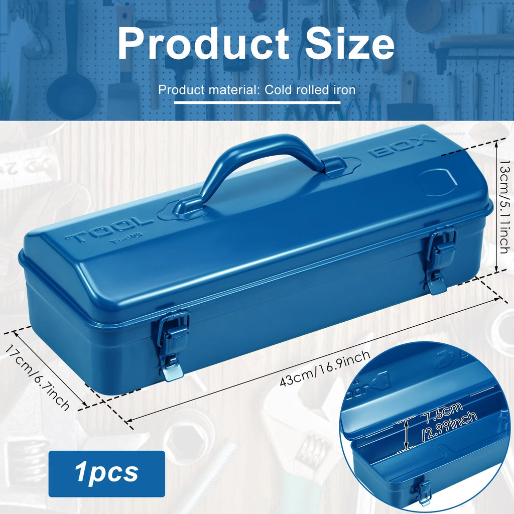 16.9inch Tool Box Portable Steel Tool Box Hip Roof Style with Metal Latch Closure Tool Chest for Household Workshop 43x17x13cm