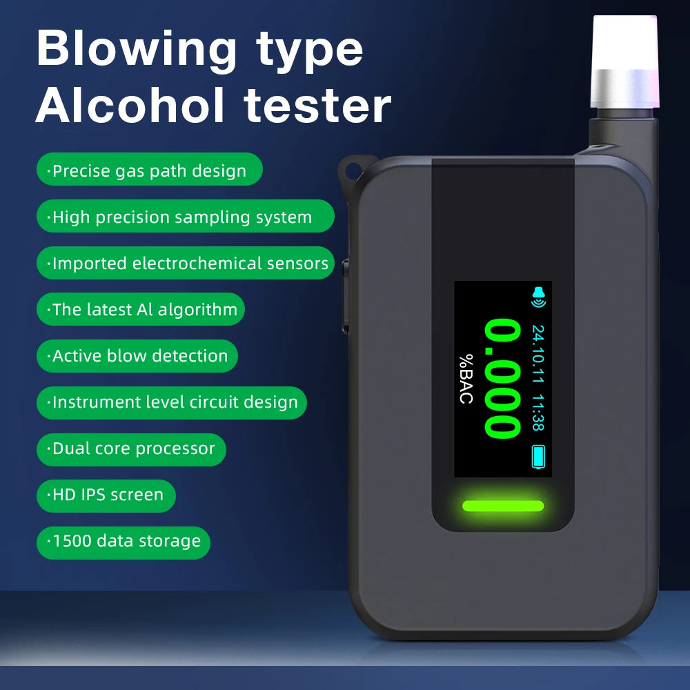 Electrochemical Alcohol Tester D1000 Portable Breathalyzer Type-C Rechargeable Alcohol Detector Light Alarm Alcohol Meter