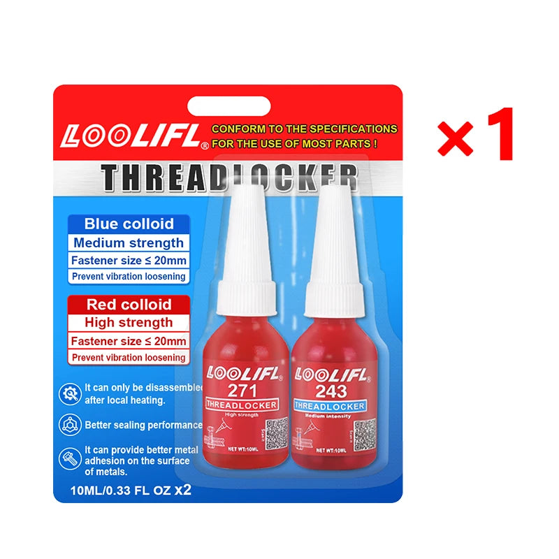 LOOLIFL 243 Medium 271 High Strength 10ml*2, Blue Red Thread Locking Adhesive for Metal Bolts Vibration Resistant Thread Sealant