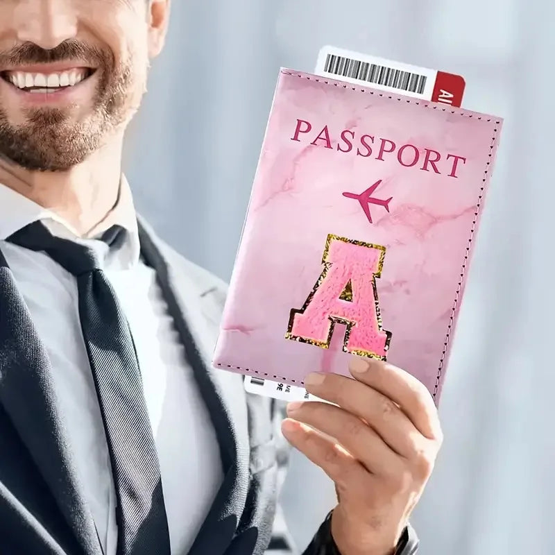 Pink PU Leather Passport Holder with Embroidery Label, Ticket & ID Credit Card Holder Cover, Travel Accessories