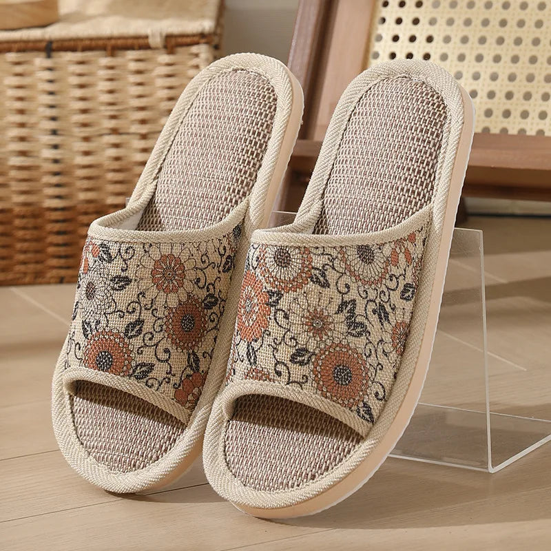 Autumn Winter Women Floor Slippers Retro Linen Open-toe EVA Thick Bottom Casual Sandals Indoor Home Couples Slippers Shoes