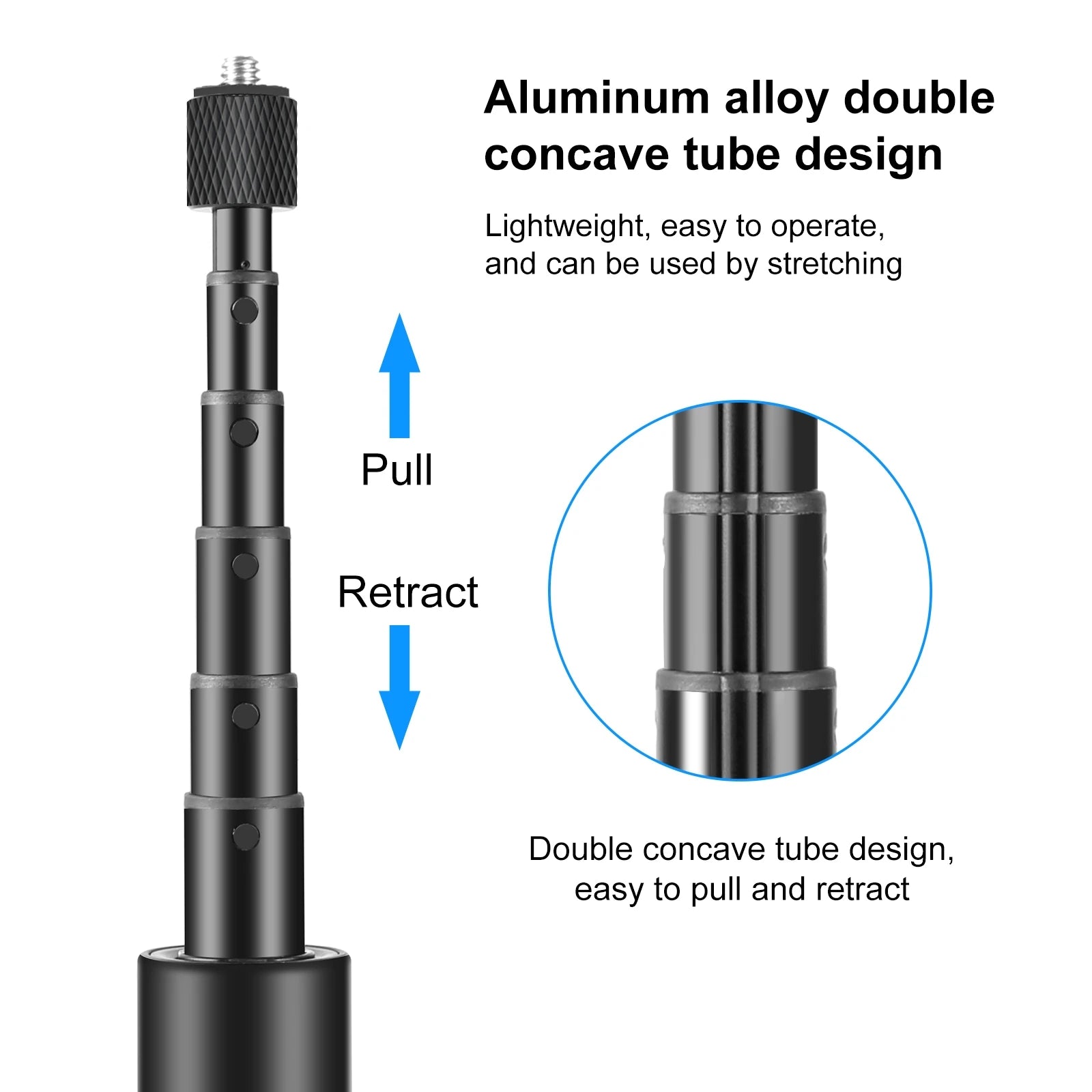 PULUZ Retractable Invisible Selfie Stick Tripod 1/4 Screw Sports Camera Metal Selfie Rod for DJI Osmo 360 / Insta360 X5 X4 X3