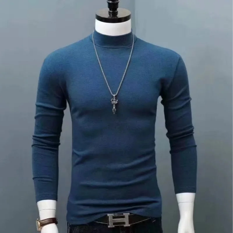 2026 Autumn Winter Men's High Neck T-shirt Slim Fit Fashion High Elastic Long Sleeve Cotton Casual Breathable Apparel Pullover
