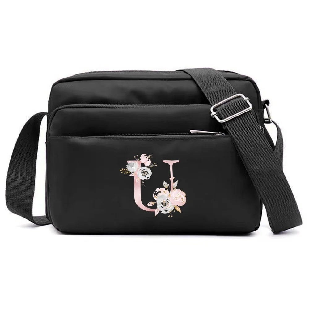 New Simple Black Storage Bag Multi-layer Travel Leisure One Shoulder Crossbody Bag Pink Flower Letter Series Printing Pattern