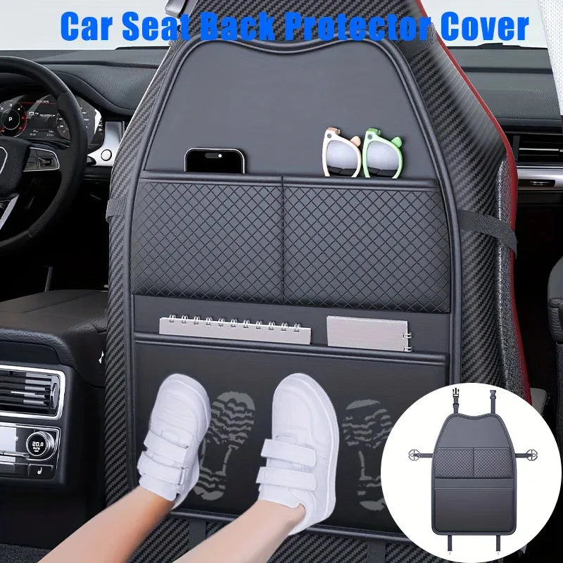 PU Leather Car Seat Kick Proof Pad with Pockets Multi-functional Tablet Holder Auto Seat Back Protection Cover for Kids