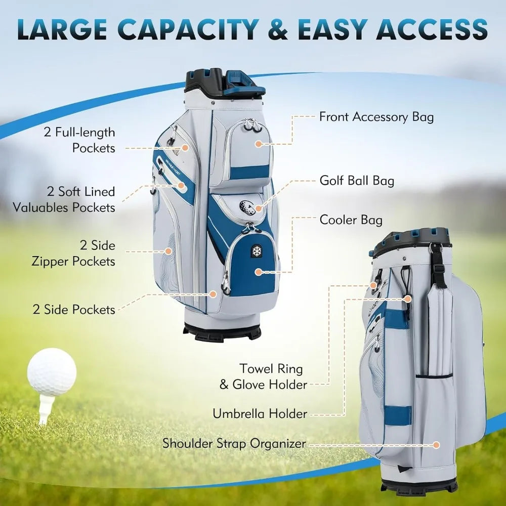 14-Way Full Length Dividers Golf Cart Bag,Molded Lock Top,11 Pockets & Cooler Pocket,Padded Design, Custom