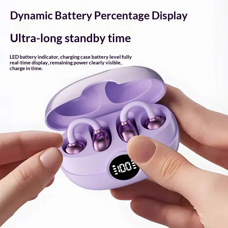 Wireless Clip-On Earbuds with Digital Power Display HiFi Sound Noise Cancelling Headphones Long Battery Life Built-in Microphone