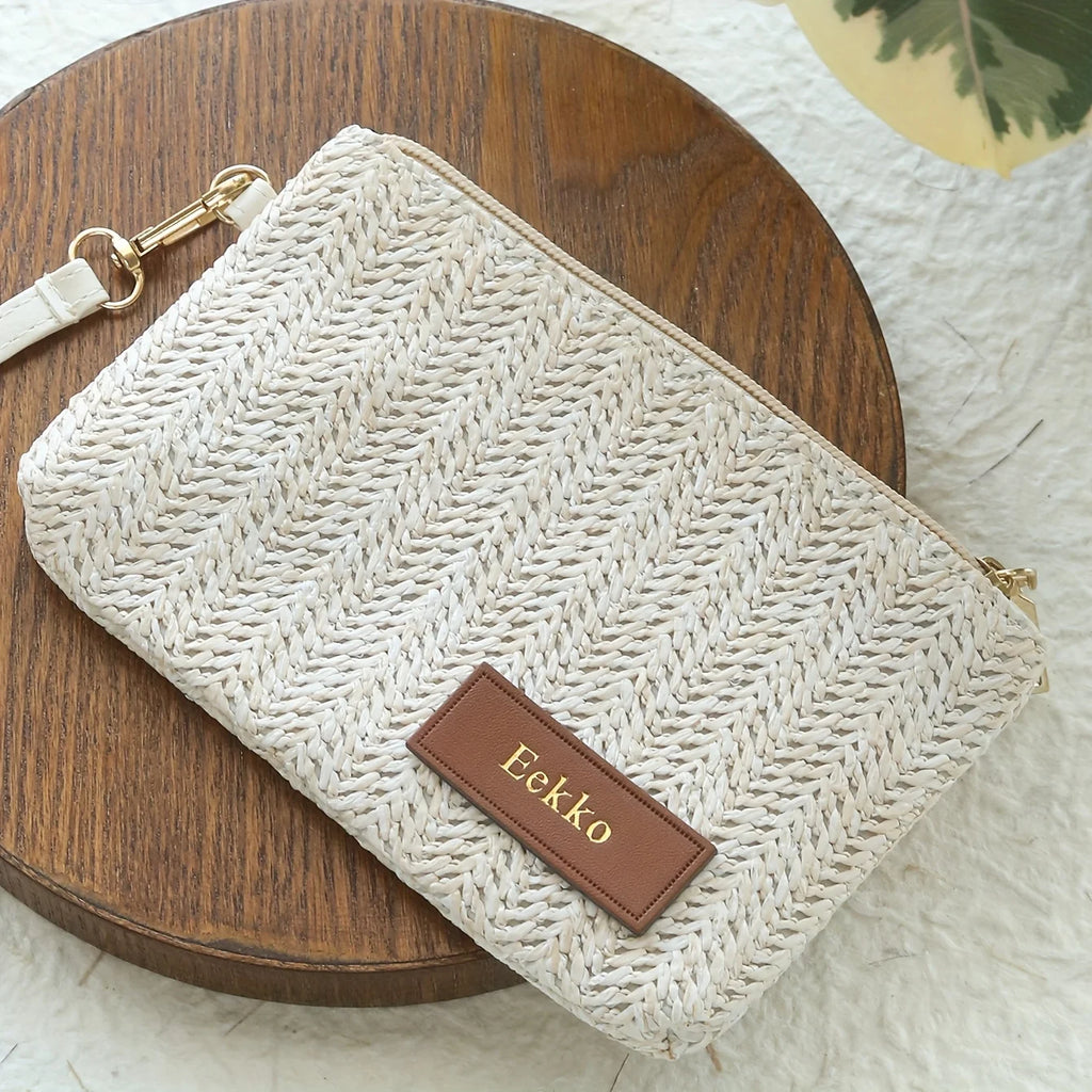 Custom Embossed Name Leather Label Straw Wristlet Clutch Bag Handmade Woven Raffia Cosmetic Makeup Pouch Beach Travel Storage