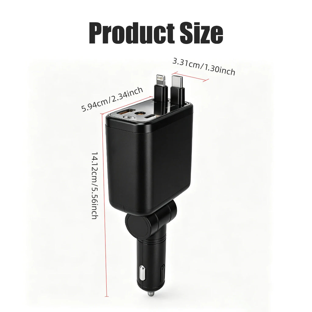 4in1 Retractable Car Charger with Red Roof Starlight USB Cable Fast Charger Cigarette Lighter Adapter For iPhone Huawei Samsung