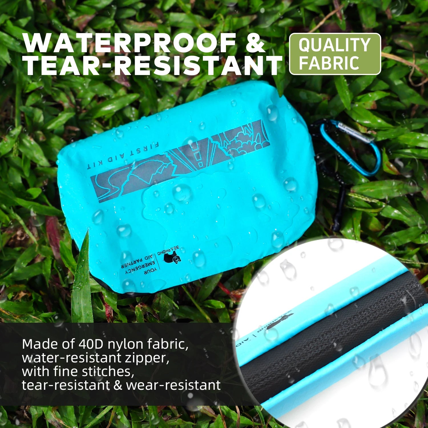 Portable Emergency Kit 40D Nylon Lightweight Waterproof Tear-Resistant First Aid Bag with Hook for Daily Travel Sports Camping